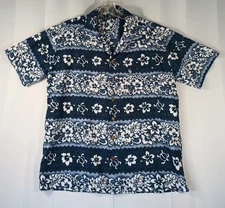 Vintage Roundy Bay Mens Large Hawaiian Shirt Blue Aloha Floral All Over Print