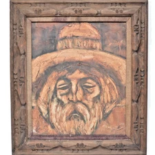 Vintage Antique Impasto Oil Painting of Farmer with Carved Wood Frame
