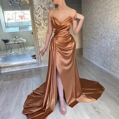 Sweetheart With Pleats Sleeveless Front Split Satin Evening Dresses A-Line