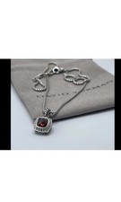 David Yurman Petite Albion Pendant Necklace 7x7mm Garnet  Diamonds 16-17'