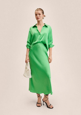NWT MANGO MNG LIME GREEN LONG SATIN SKIRT SZ S SMALL