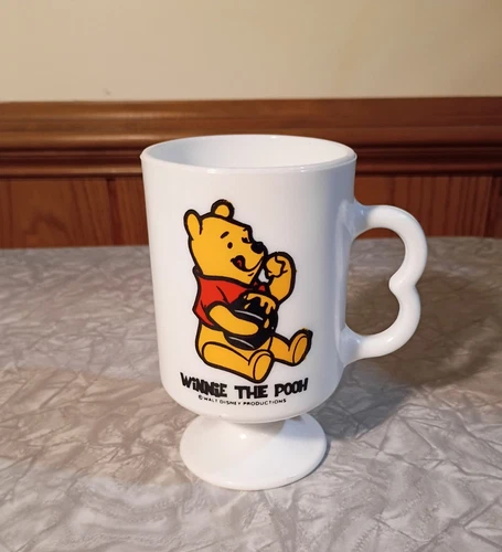 Vintage Disney Winnie the Pooh Milk Glass Pedestal Mug 5" 1970's