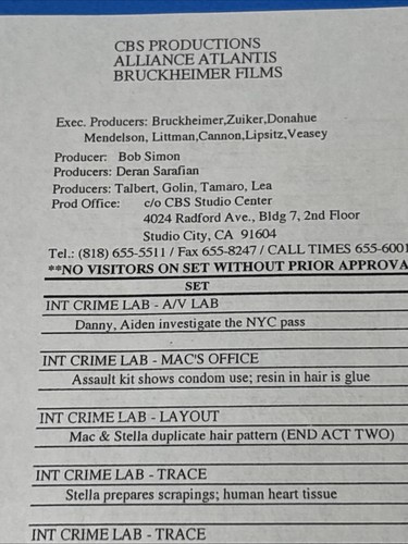 CSI: NY Original Daily Call Sheet Episode 106 S1 Ep 10 NIGHT, MOTHER Gary Sinise - Picture 5 of 12