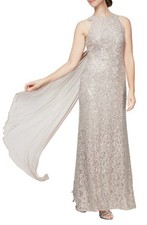 Alex Evenings Sequin Lace Drape Back Gown in Buff Size 8