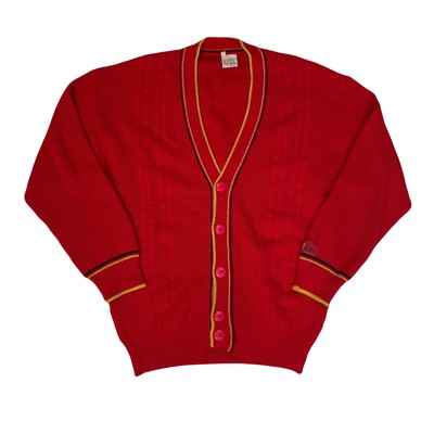 Vintage 70er rot gelb Preppy Mod Style Knopfleiste Strickjacke Gr. 48 Large von Laas