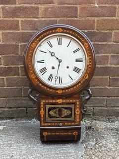 Antique Inlaid Anglo American 8 Day Drop Dial Wall Clock