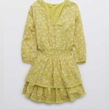 $75 Aerie Size Medium Green Floral Boho Lightweight Rock 'n' Ruffle Mini Dress