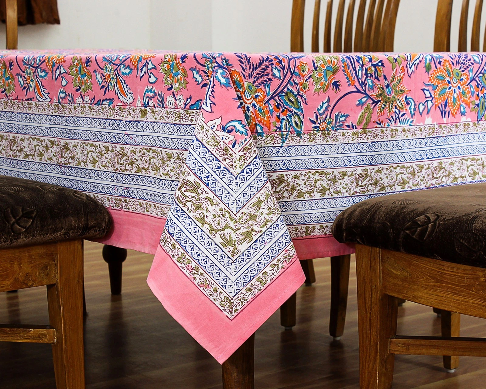 Pink & Blue Indian Hand Block Floral Print Pure Cotton Rectangle Tablecloths