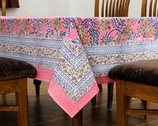 Pink Blue Indian Hand Block Floral Print Pure Cotton Rectangle Tablecloths