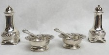 TIFFANY & CO WAVE EDGE STERLING SILVER PEPPER SHAKERS & SALT DISHES w SPOONS