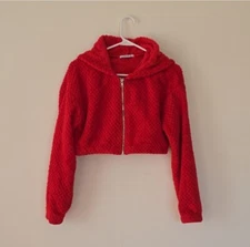 LABIJOU Women Sherpa Red Full Zip Hooded Sweater Jacket Size S