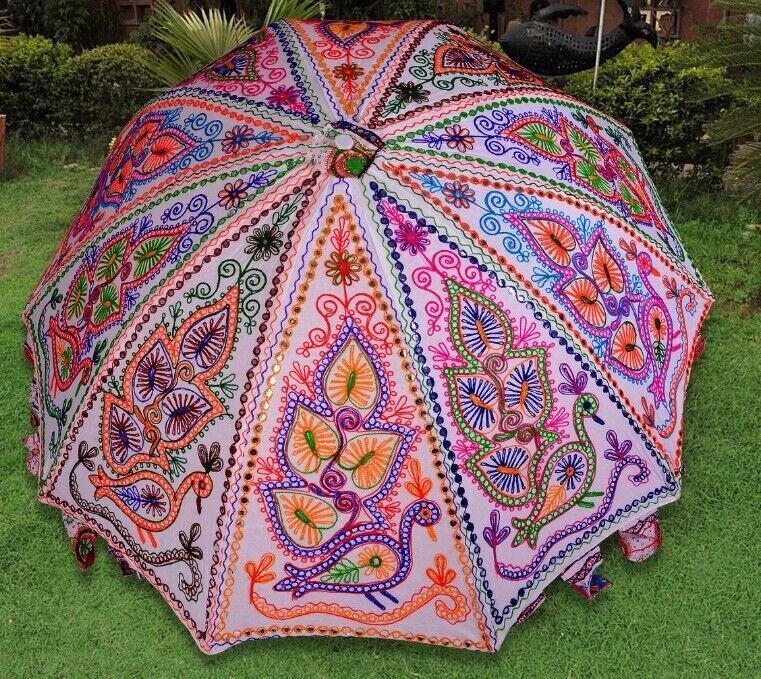 embroidered patio umbrellas Indian Peacock Garden Parasols Embroidered Outdoor Sun Shade Patio Umbrella  72
