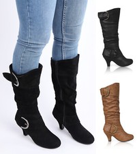 WOMENS MID HEEL WINTER TWIN BUCKLE ZIP CALF KNEE RIDING LADIES SHOES BOOTS SIZE