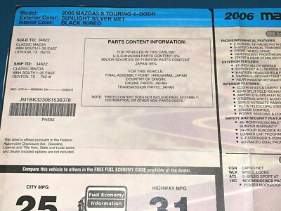 2006 Mazda3 S Touring 4 Door Sedan Mazda 3 Monroney Label Window