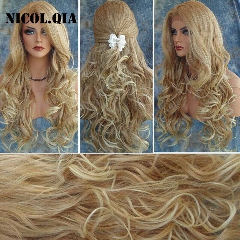 Pelucas largas rizadas rubias mezcla encaje frente cabello humano mezcla calor OK mujeres peluca natural Foto 2 de 4