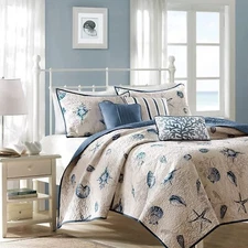 Queen Size Quilt Set Coverlet Coastal Ocean Beach Summer Seashells Nautical 6Pc