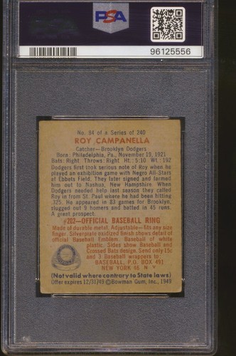 1949 Bowman - Roy Campanella Dodgers #84 Gray Back HOF RC PSA 3 VG - Picture 2 of 2