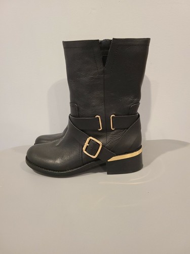 Leather Moto Biker Buckle Zip Boots | eBay