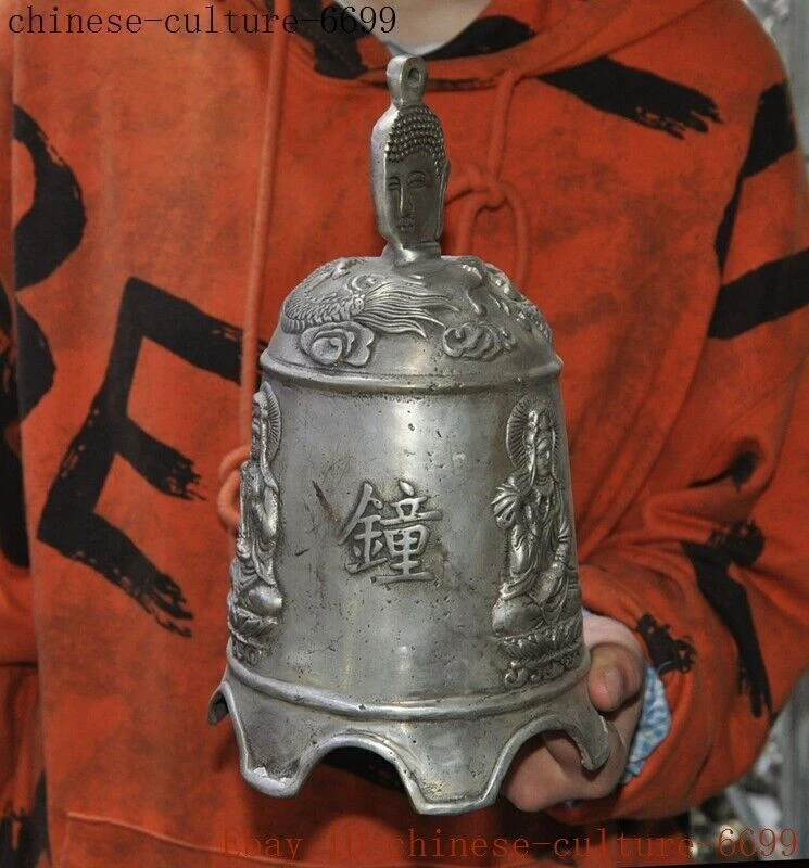 9英寸中国藏银释迦牟尼佛头观音女神钟钟 — 第 2/4 张图片