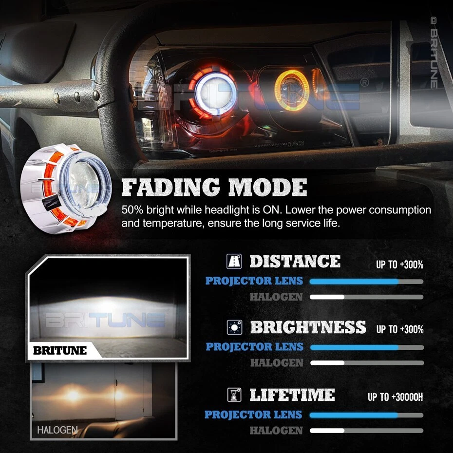 HID Bi-xenon Projector Lens Dual LED Angel Eye Halo H4 H7 Headlight Retrofit Kit - Image 3 of 4