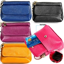 Womens Soft Genuine Leather Woman Zipper Coin Purse Change Wallet with Key Ring