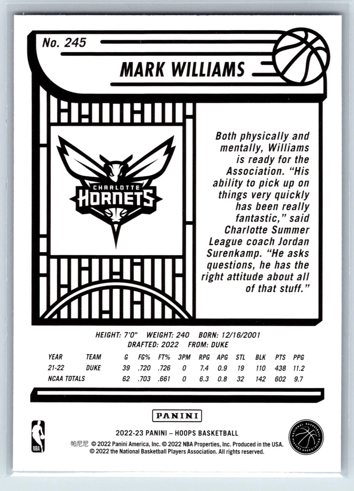 Mark Williams 2022-23 Hoops Hyper Blue RC Charlotte Hornets #245 - Image 2 of 2