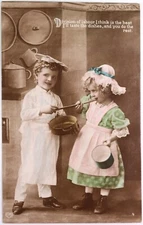1912 Very Cute Boy Cook and Girl Role-Playing EAS Postcard - Hand-Colored RPPC