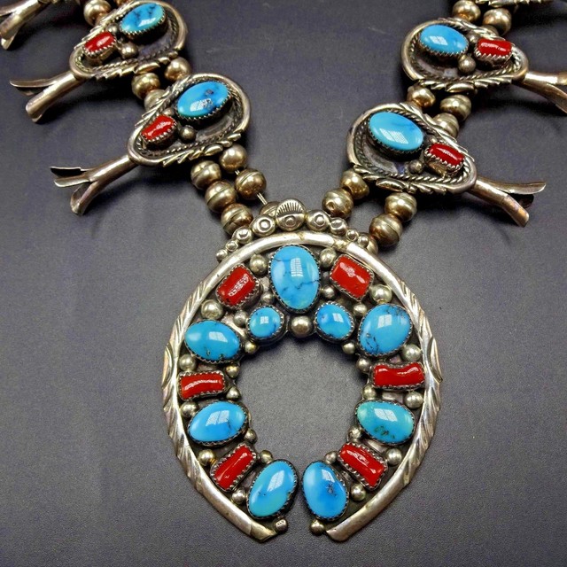 Vintage NAVAJO Sterling Silver CORAL TURQUOISE Squash Blossom NECKLACE eBay