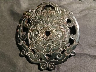 Fine Large Chinese Black Jade Hand Carved Amulet FengShui 2Faces Plaque QQ055