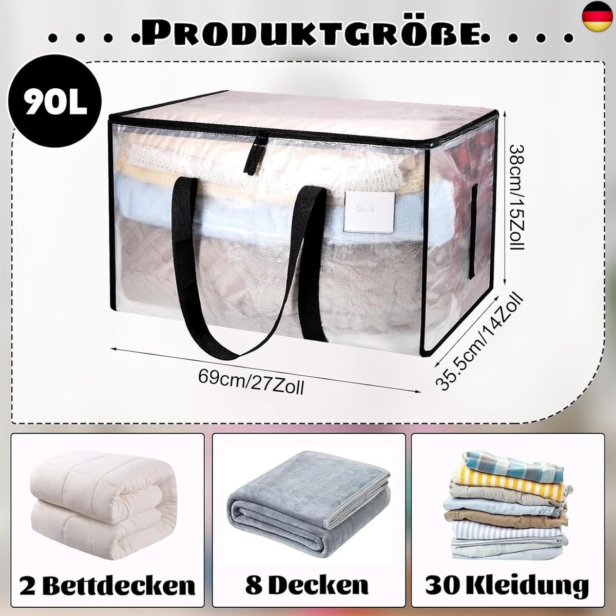 4 Stück 90L Aufbewahrungstaschen Mit Deckel – Transparent, Wasserdicht, Mit Griffen, Für Kleidung & Umzug