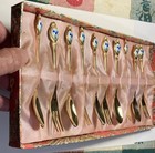 Enamel Iris Flowers Gold Plated Appetizer Dessert Fork & Spoon 10pc Set Orig Box — photo 5