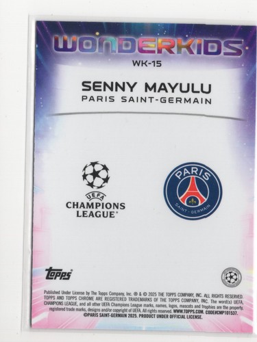 Senny Mayulu 2024-25 Topps Chrome UCC Wonderkids Insert Refractor RC - Picture 2 of 2