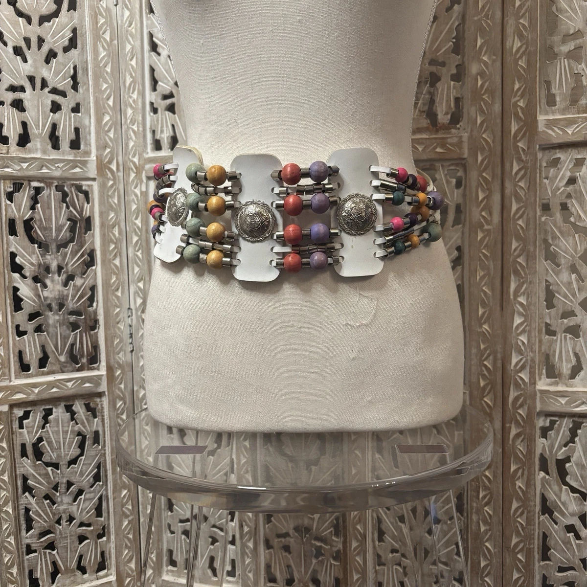 Vtg Salena\'s Collection Beaded White Stretch Wide Belt OS Nautical 1989 Salena main image 3