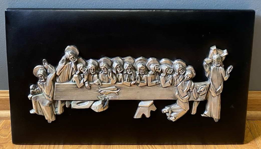 Vintage Embossed Metal Last Supper Black Leather Wall Plaque Jesus 22x13 Spain
