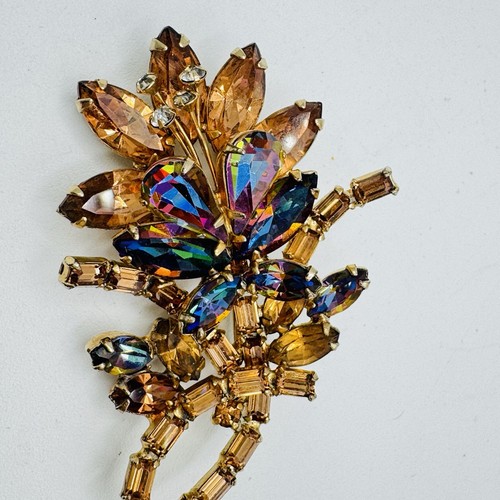 Vintage Hobe Brooch Amber Aurora AB Rhinestone Floral Spray Gold Tone 2.5" Layer - Picture 4 of 11