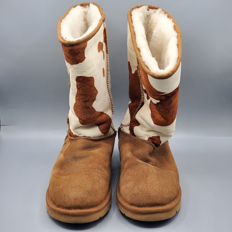 Superlamb Cow Print Sheepskin Boots Women’s Size 8B Brown White Calf Hair