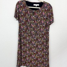 Loft Womens Paradise Lost Mini Dress Size M Jungle Animal Pintuck Pleat Black