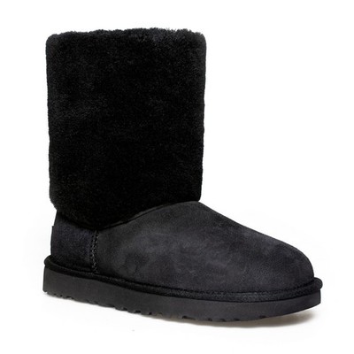 UGG CLASSIC SHORT II SHERPA CUFF BLACK SHEEPSKIN WOMEN'S BOOTS