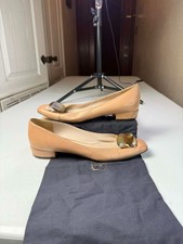 Salvatore Ferragamo Beige Patent Leather Block Heel Pumps Size 7