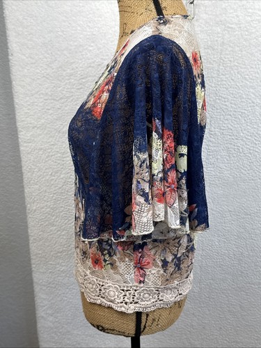 Babydoll Top Multicolor Sheer Floral Whimsigoth Flare Sleeve Boho Fairy Lace S - Picture 6 of 20