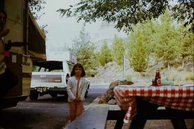 c1970's Kodachrome 35mm Slide, U Haul Truck Camper Trailer Picnic Table red pine