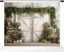 Spring Photo Backdrop Fabric Green Plant Rustic Wood Door Photography Background