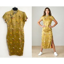 Vintage Gold Cheongsam Dress Hong Kong Qipao Floral Satin Mandarin Collar Sz 38