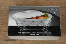 Godinger 2-Quart Rectangular Covered Porcelain Baker with Chrome Serving Rack –