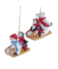 Penguin Friend on Sled Ornaments - Set of 2 - Fun Winter Animal Ornaments