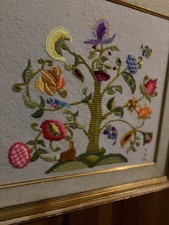 Tree of Life Handmade Crewel made in the USA in 1974. Framed vintage cottage