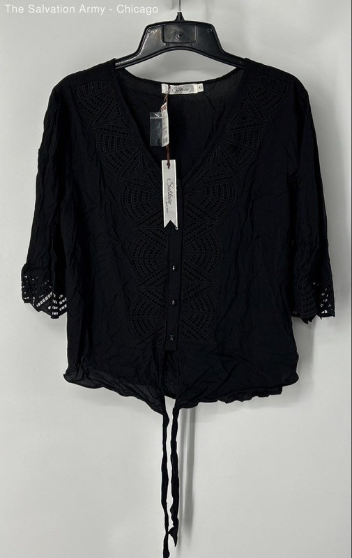 Solitaire Womens Black V-Neck 3/4 Sleeve Button Front Blouse Top Size 1X