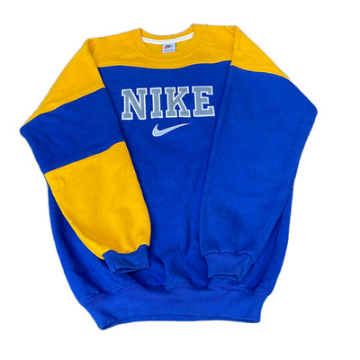 Nike Reworked Sweatshirt Herren M blau gelb bestickt Spruch Logo Vintage Y2K