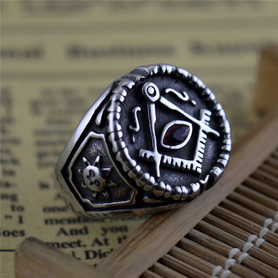 Anillo de masón antiguo de acero inoxidable con incrustación de rubí talla 7-13 vintage para hombre Foto 4 de 4