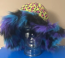 Women Winter Bucket Hat Fluffy Furry Purple Blue Yellow Leopard/ Reversible Hat